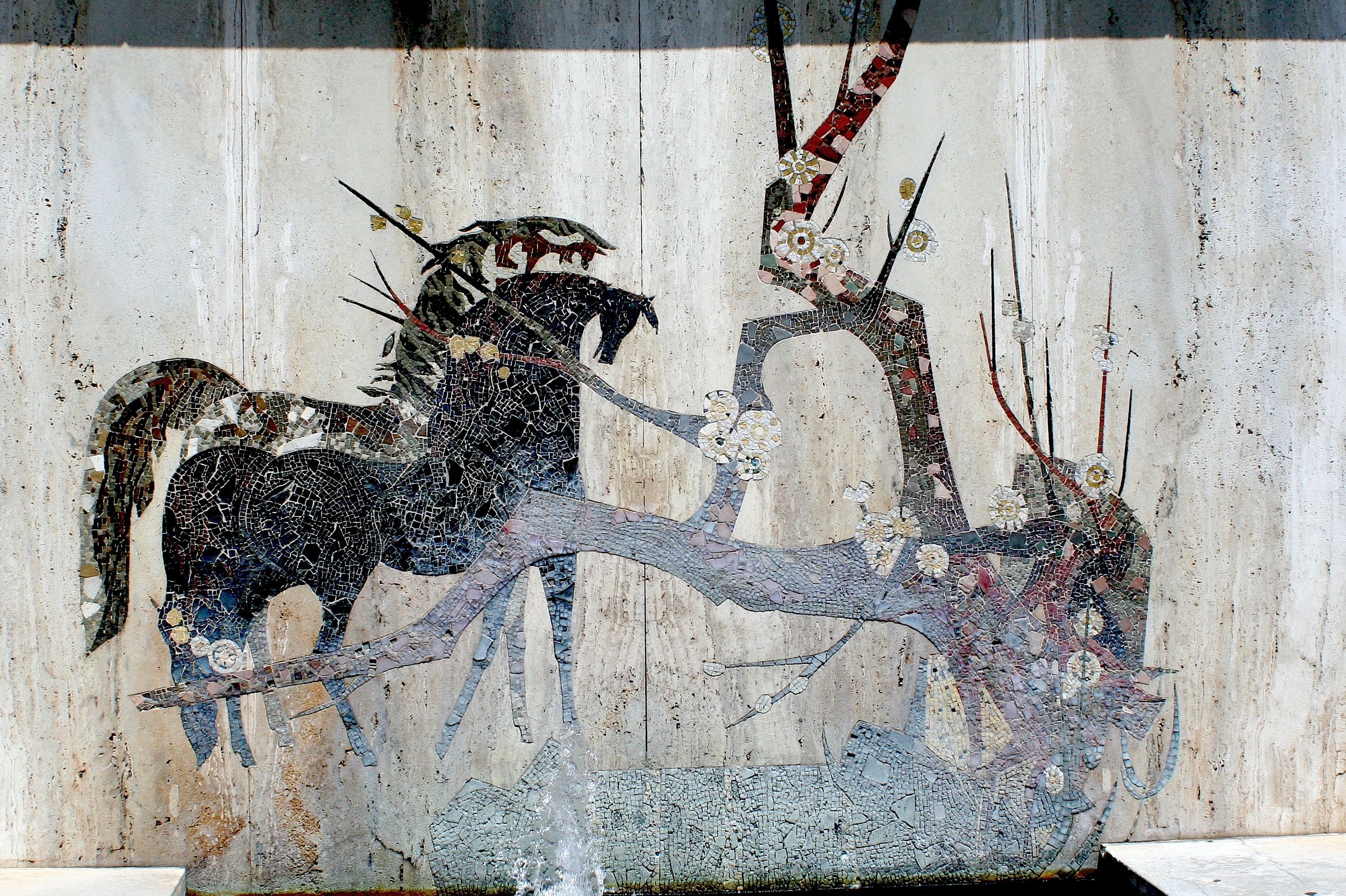 Millard Sheets horse and tree by fountain Pomona