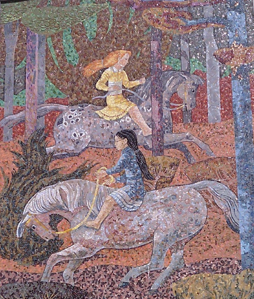 Millard Sheets, Sue Hertel, and Denis O'Connor, Highland Park mosaic, sometime 1972-1974