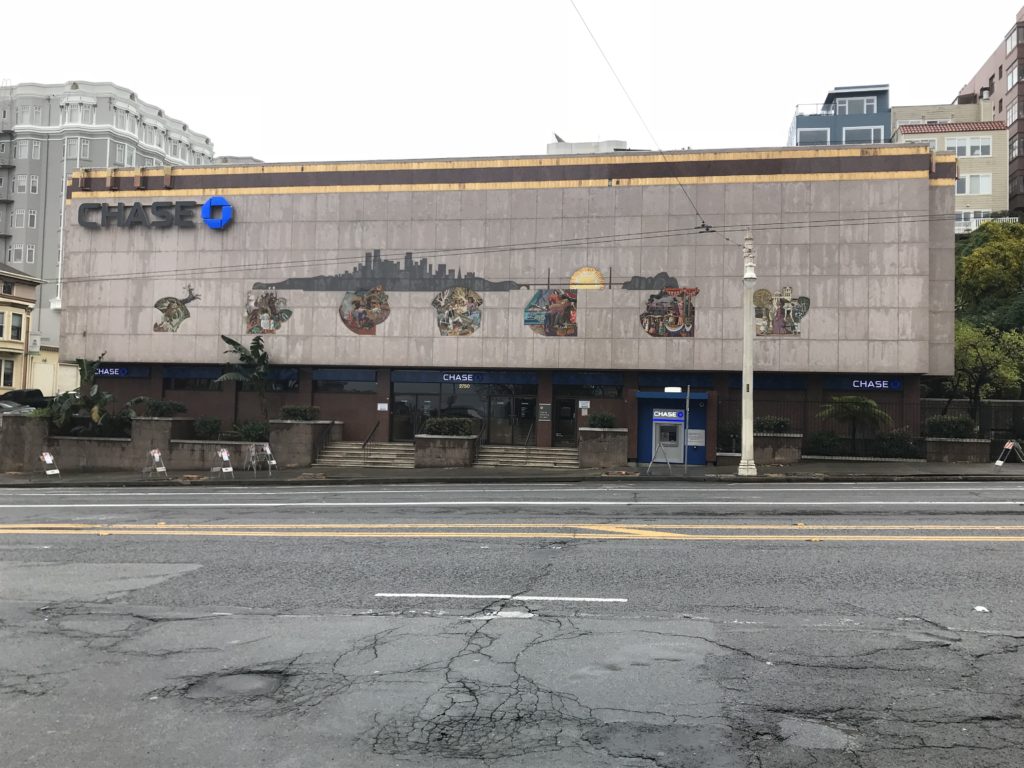 My photograph of the Lombard branch, San Francisco, March 2018, when the trees were cut down and the mosaics revealed again for the first time in decades.