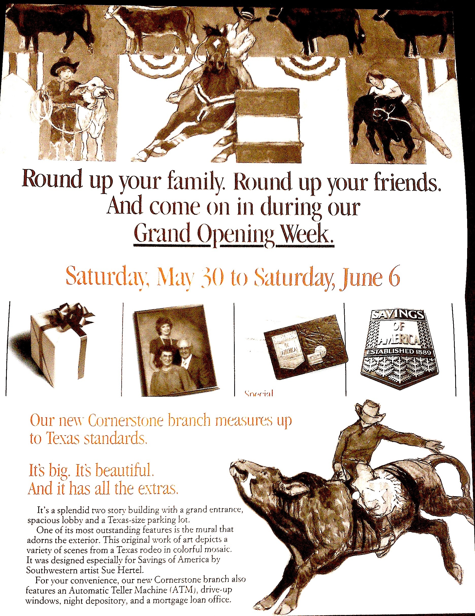 Mailer for the opening of the Cornerstone branch, Houston, Texas, 1987; Denis O'Connor Collection, Huntington Library