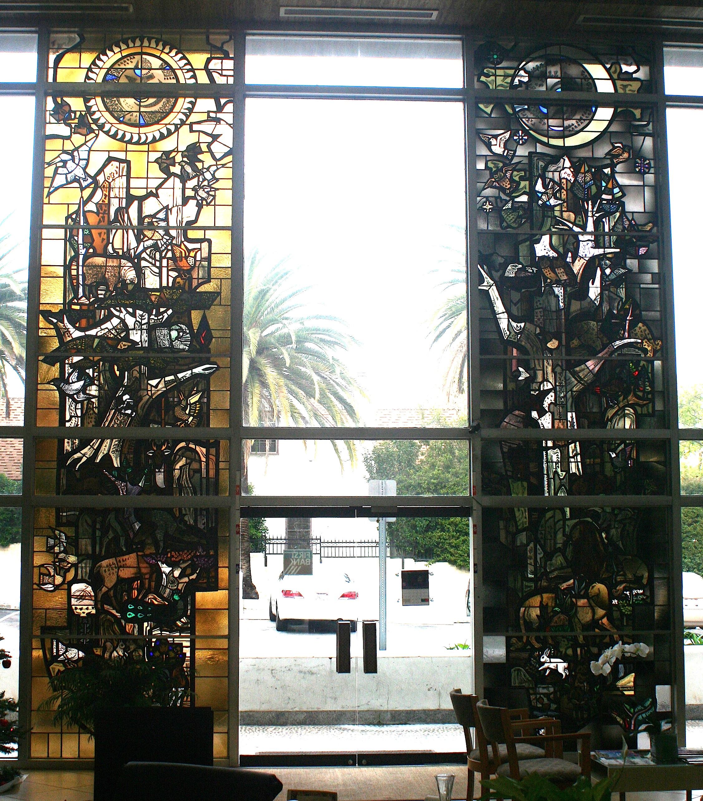 Susan Lautmann Hertel, "Day" and "Night" stained glass, Ahmanson Bank and Trust, 1959