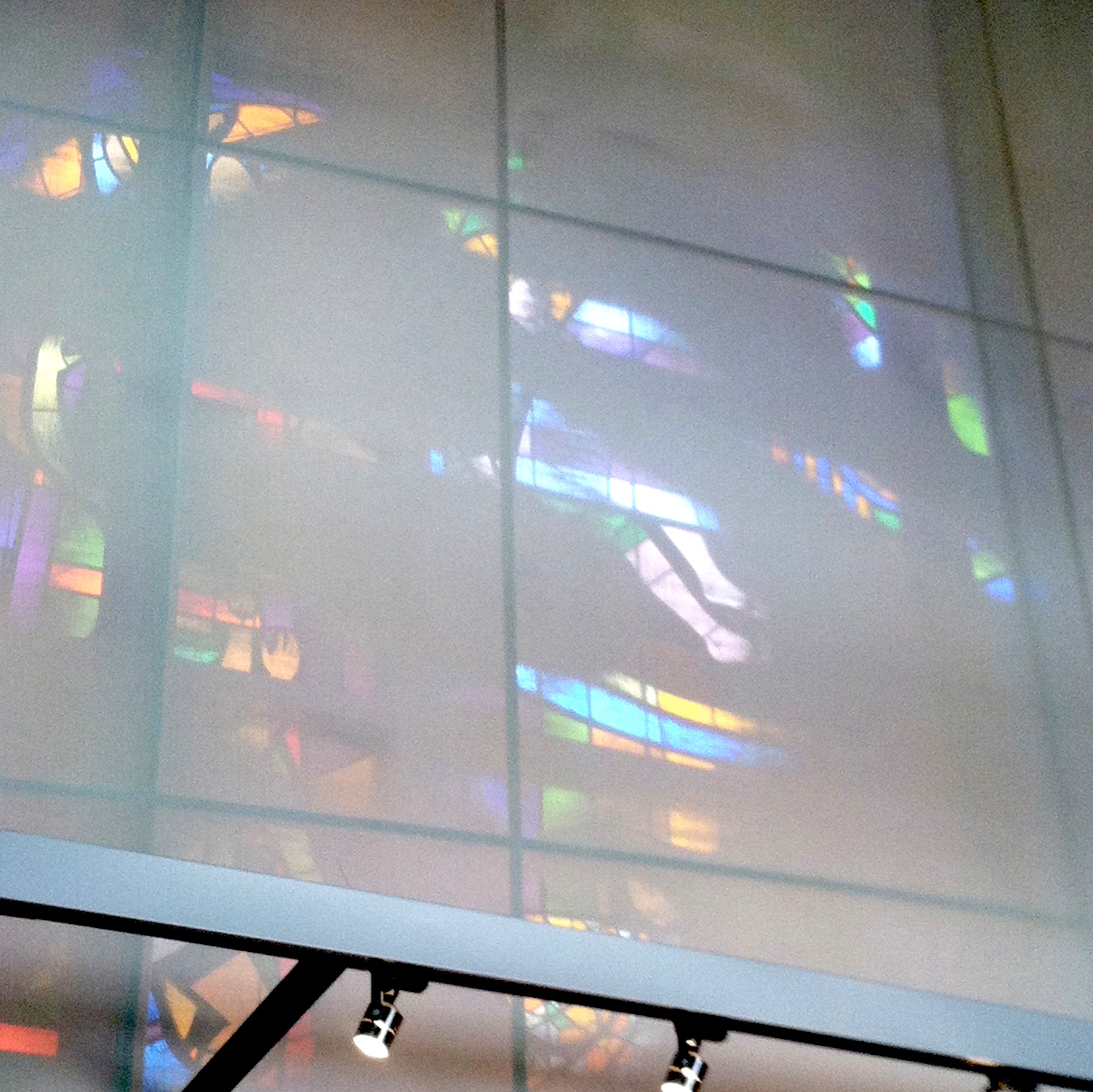 Stained glass in former Home Savings (now New Balance), behind screen, 2012
