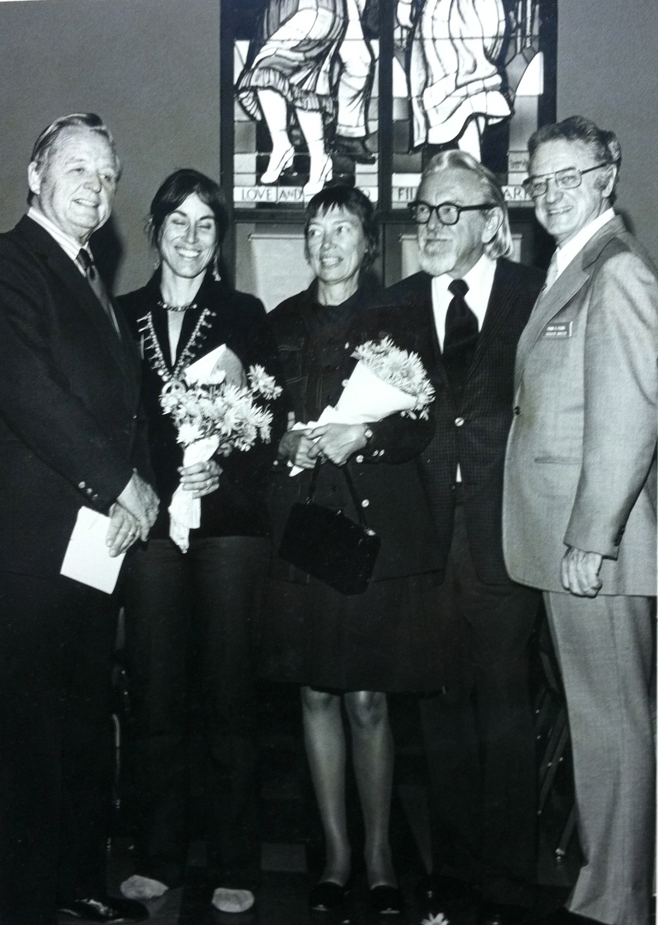 Millard Sheets, Sue Hertel, Helen and John Wallis and (bank official?) at a Home Savings opening