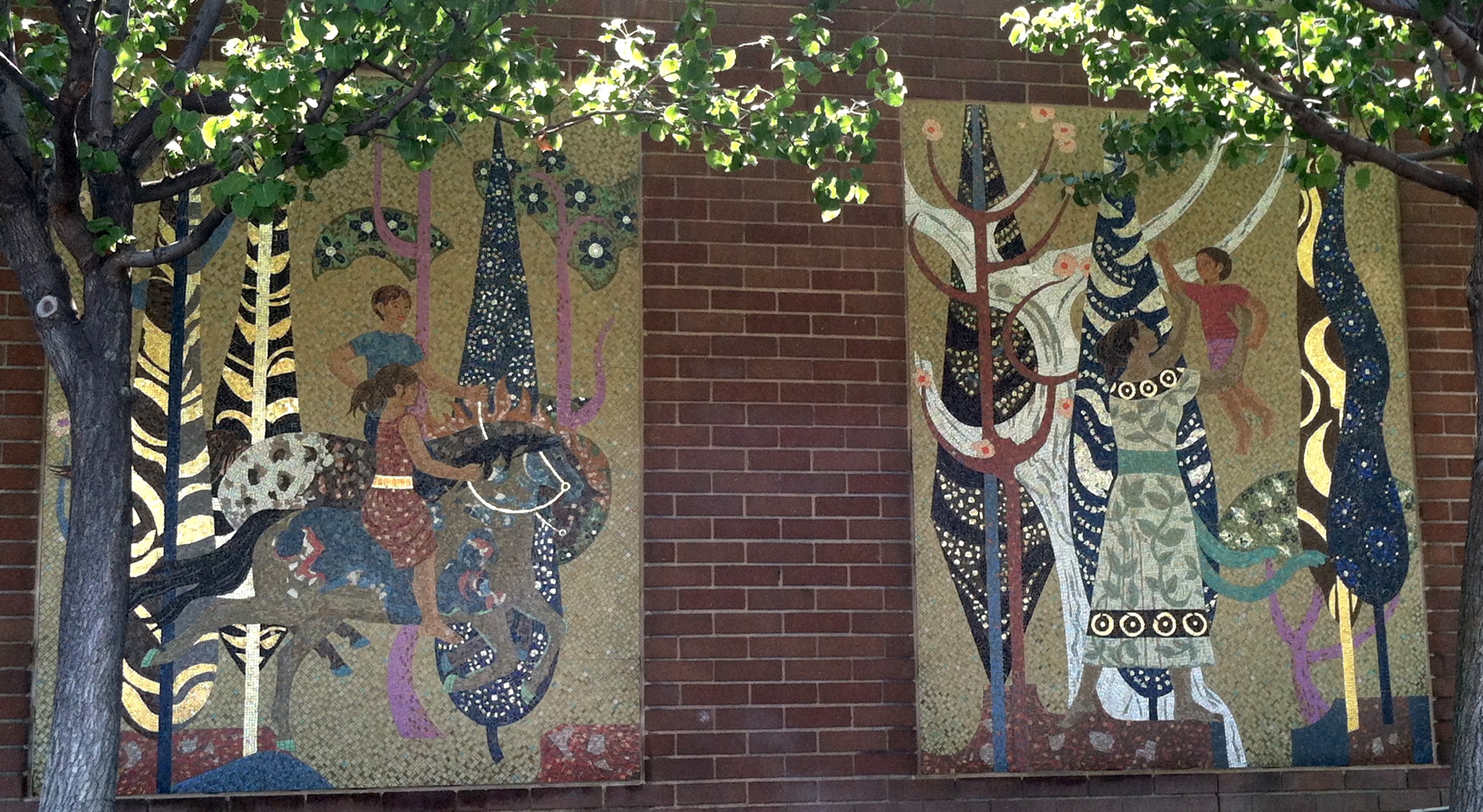 "Millard Sheets Designs," temporary mosaic panel, two of three shown, c. 1974, now in Irwindale